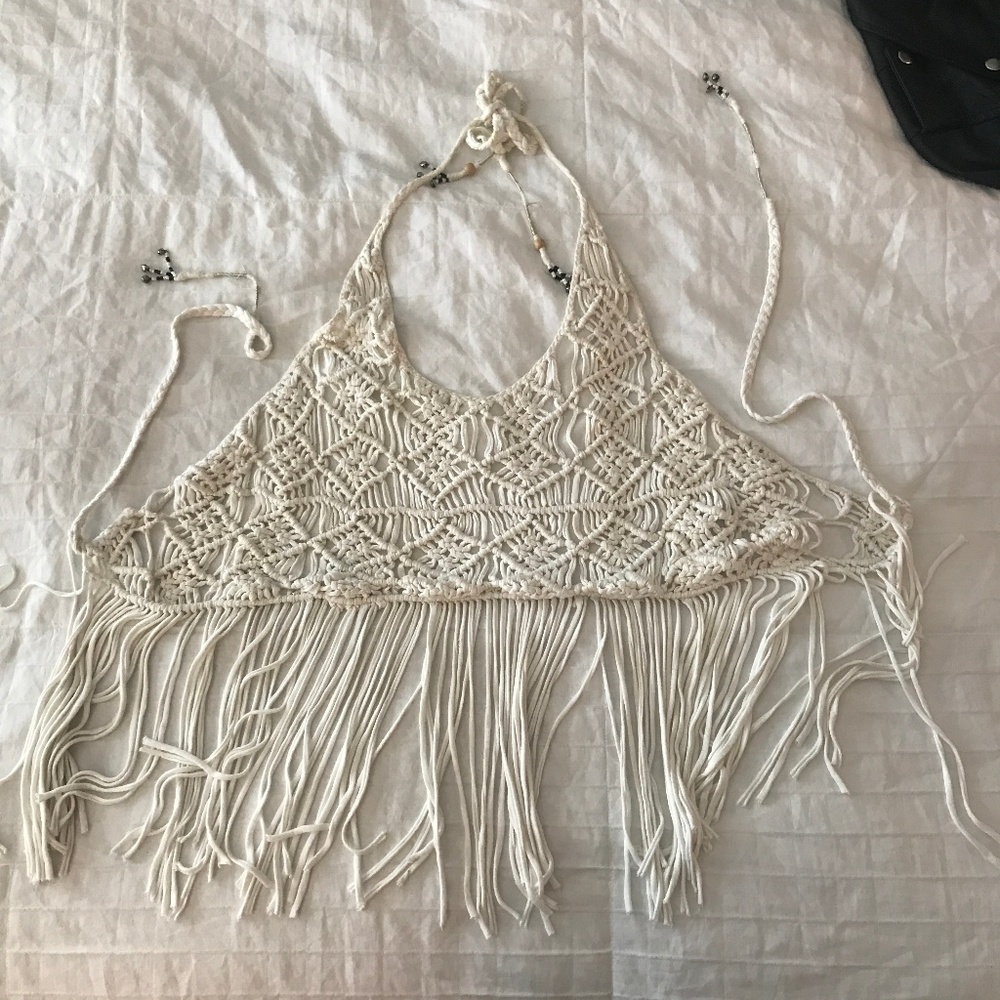 Off White Fringe Crop Top
